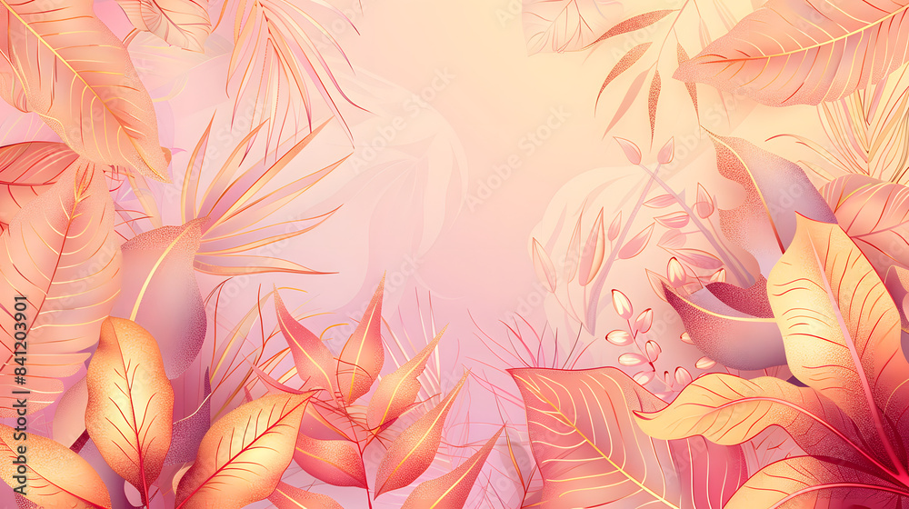 Fototapeta premium Luxury gold line art and Variegated Plants nature drawing background vector. Leaves and Floral pattern vector illustration