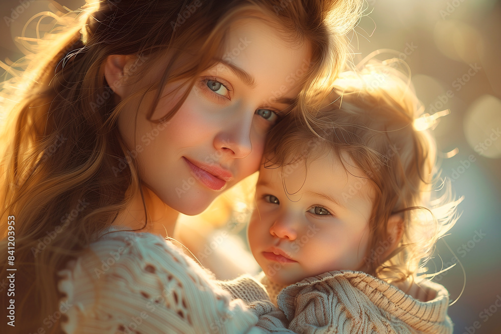 A tender moment of a mother embracing her baby, both wrapped in cozy attire and scarves, with a warm and loving expression ,generative ai A tender moment of a mother embracing her baby, both wrapped in cozy attire and scarves, with a warm and loving expression ,generative ai