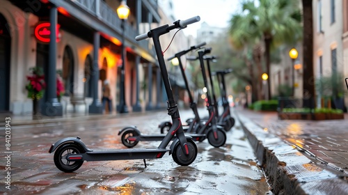 Electric scooter sharing service in a bustling city center, promoting lastmile sustainable transportation, scooters lined up on the sidewalk photo