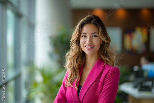 A smiling professional woman wearing a pink blazer, standing confidently in a modern office environment with plants and natural light ,generative ai