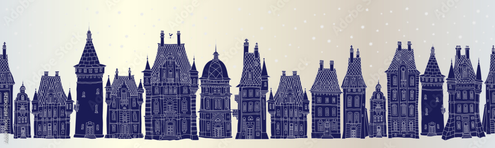 Obraz premium Christmas and New Year seamless border pattern. Fairy tale European houses panorama. Hand drawn blue and white sketch on a silver pearl background