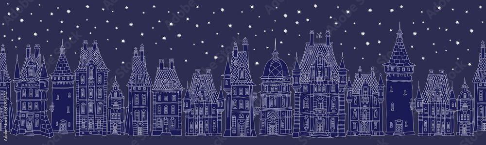 Christmas and New Year seamless border pattern. Fairy tale European houses panorama. Hand drawn black and silver sketch Christmas and New Year seamless border pattern. Fairy tale European houses panorama. Hand drawn black and silver sketch