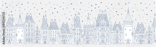 Christmas and New Year seamless border pattern. Fairy tale European castles and houses panorama. Hand drawn blue and white sketch