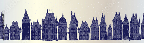 Christmas and New Year seamless border pattern. Fairy tale European houses panorama. Hand drawn blue and white sketch on a silver pearl background