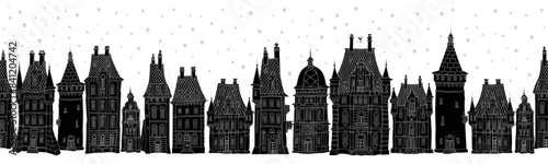 Christmas and New Year seamless border pattern. Fairy tale European houses panorama. Hand drawn black and silver sketch