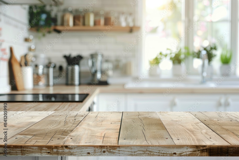 Wood table top on blurred kitchen background. can be used mock up for montage products display or design layout with generative ai Wood table top on blurred kitchen background. can be used mock up for montage products display or design layout with generative ai