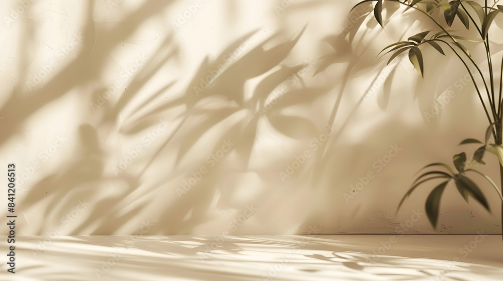 Minimalistic abstract gentle light beige background for product presentation with light andand intricate shadow from the window and vegetation on wall Minimalistic abstract gentle light beige background for product presentation with light andand intricate shadow from the window and vegetation on wall