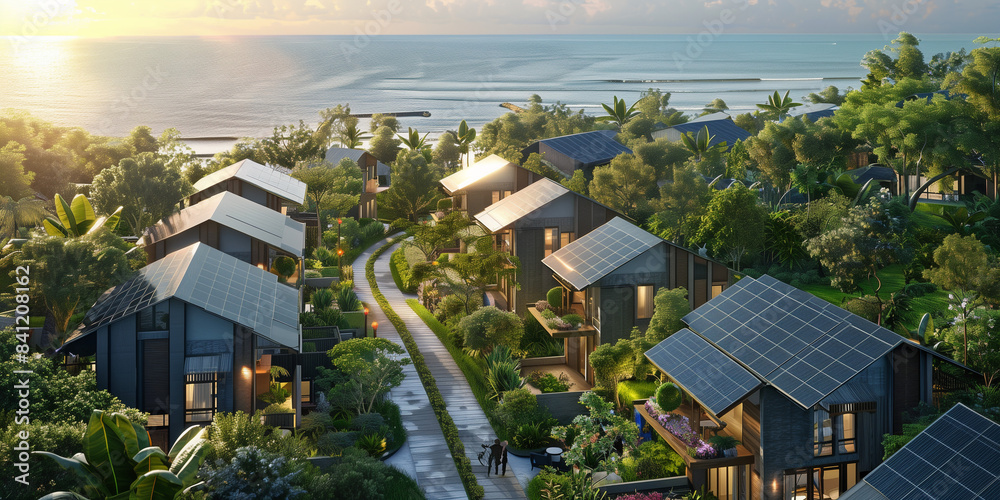 Aerial View of a Coastal Village with Solar-Powered Rooftops. This aerial photograph captures a picturesque coastal village where every rooftop is adorned with solar panels Aerial View of a Coastal Village with Solar-Powered Rooftops. This aerial photograph captures a picturesque coastal village where every rooftop is adorned with solar panels