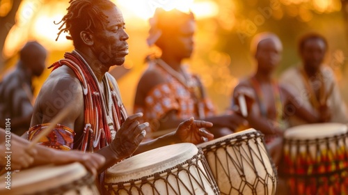 An African drum circle at sunset, with participants of all ages engaged in rhythmic drumming that echoes cultural heritage.