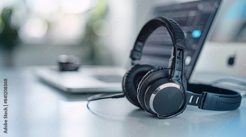 The headphones on desk The headphones on desk