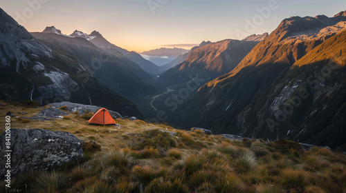 Solitary Tent at Dawn in Majestic Mountain Landscape. The scene features a solitary tent perched on a grassy ridge, illuminated by the first light of day.
