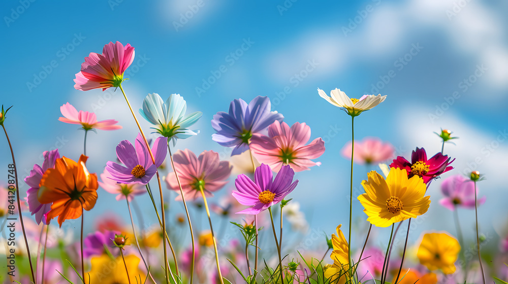 Multicolored cosmos flowers in meadow in spring summer nature against blue sky. Selective soft focus Multicolored cosmos flowers in meadow in spring summer nature against blue sky. Selective soft focus