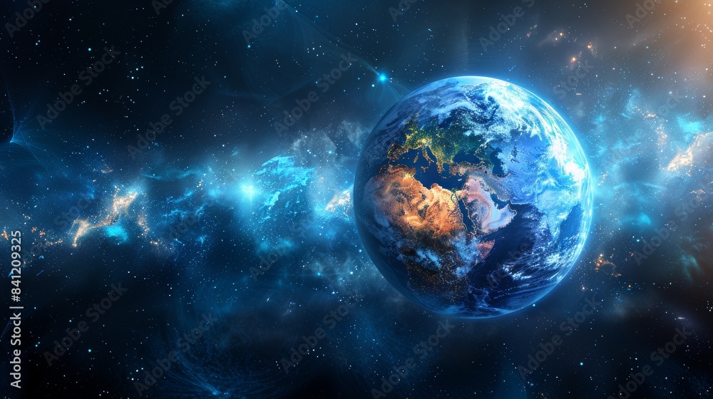 Obraz premium Conceptual image of a global network over Earth, visualizing global connectivity and data exchange with a vibrant space background.