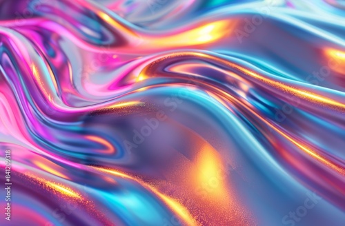 Intensely vibrant holographic neon curved wave with dynamic fluid motion, showcasing a mix of bold colors and glossy, reflective textures in a futuristic abstract design