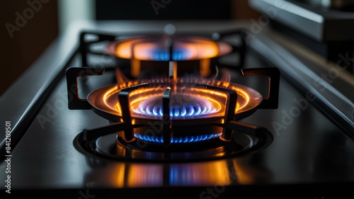 Modern kitchen stove cook. Gas flame close up on the gas stove. photo