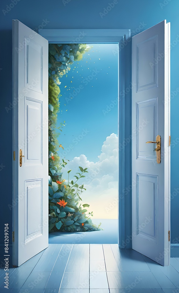 Opened door to bright future, a bright exit door in empty blue room, concept of break through, promising future, copy space. Opened door to bright future, a bright exit door in empty blue room, concept of break through, promising future, copy space.