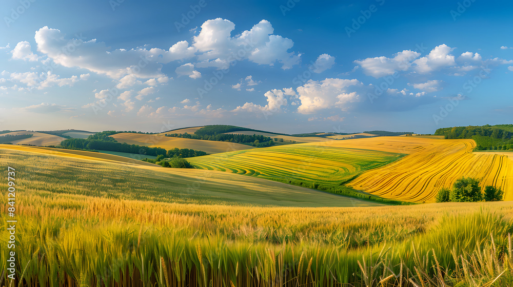 Fototapeta premium Natural landscape with green grass, field of Golden ripe wheat and blue sky with horizon line. Colorful summer panorama of combination of yellow and green fields