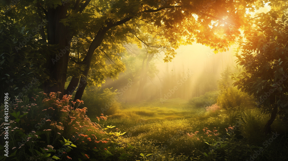 Obraz premium Sunlit Forest Clearing. A serene forest clearing bathed in golden sunlight, with soft rays filtering through the canopy of tall trees.
