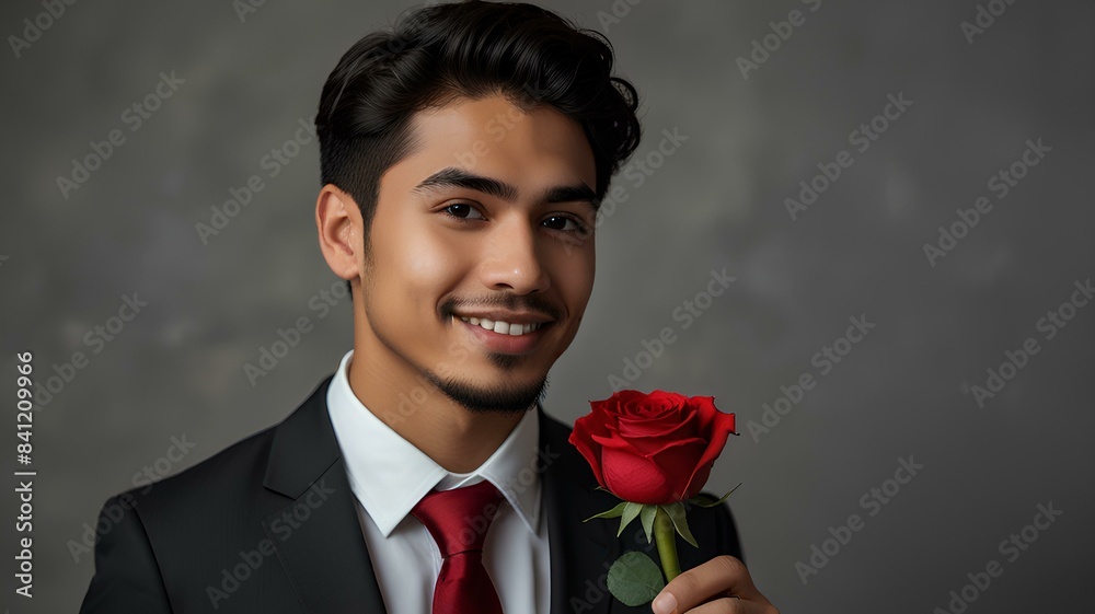 Handsome young Latino man in decent suit holding a stem of fresh red rose as a gift for his girlfriend. Handsome young Latino man in decent suit holding a stem of fresh red rose as a gift for his girlfriend.