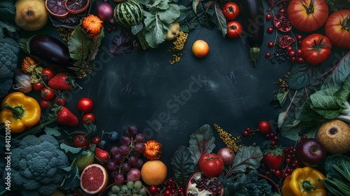 Colorful Array of Fresh Fruits and Vegetables on Dark Background, Generative AI