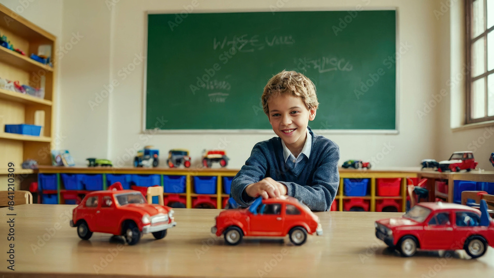 Portrait of happy children playing with toy cars in classroom at school Portrait of happy children playing with toy cars in classroom at school