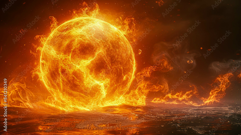 Abstract yellow orange glowing energy magic bright high tech sphere ball circle in fire and smoke background Abstract yellow orange glowing energy magic bright high tech sphere ball circle in fire and smoke background