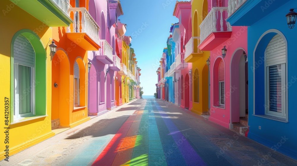 Obraz premium A vibrant, colorful street lined with brightly painted buildings. The sun casts a rainbow on the cobblestone street.