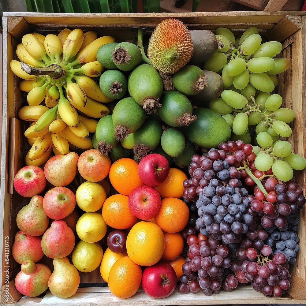 Vibrant selection of fresh fruits including bananas, kiwis, oranges, and grapes arranged in a wooden crate at a market Vibrant selection of fresh fruits including bananas, kiwis, oranges, and grapes arranged in a wooden crate at a market
