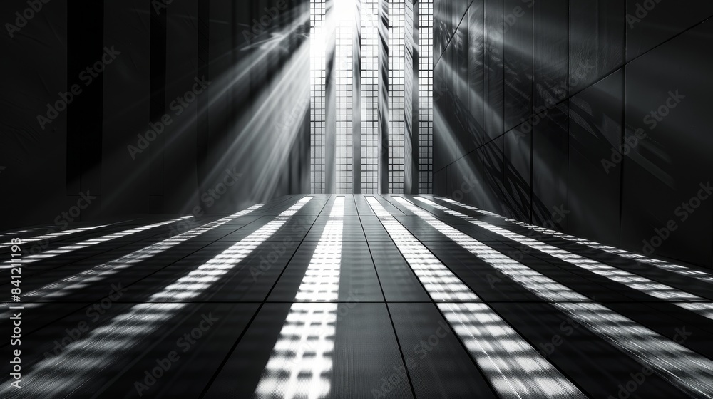 Abstract black and white image of light beams shining through a dark corridor, creating a dramatic and mysterious atmosphere. Abstract black and white image of light beams shining through a dark corridor, creating a dramatic and mysterious atmosphere.