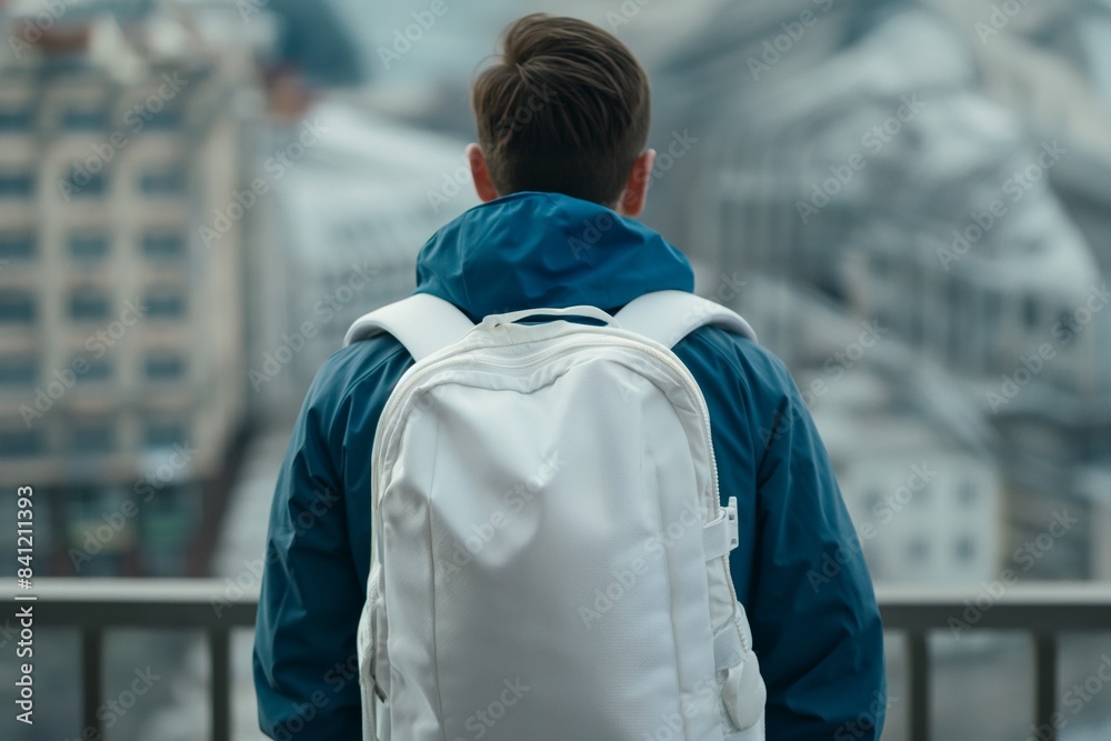 Back view of person with backpack in city Back view of person with backpack in city