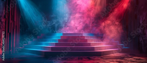 Abstract stage with colorful smoke and lights.