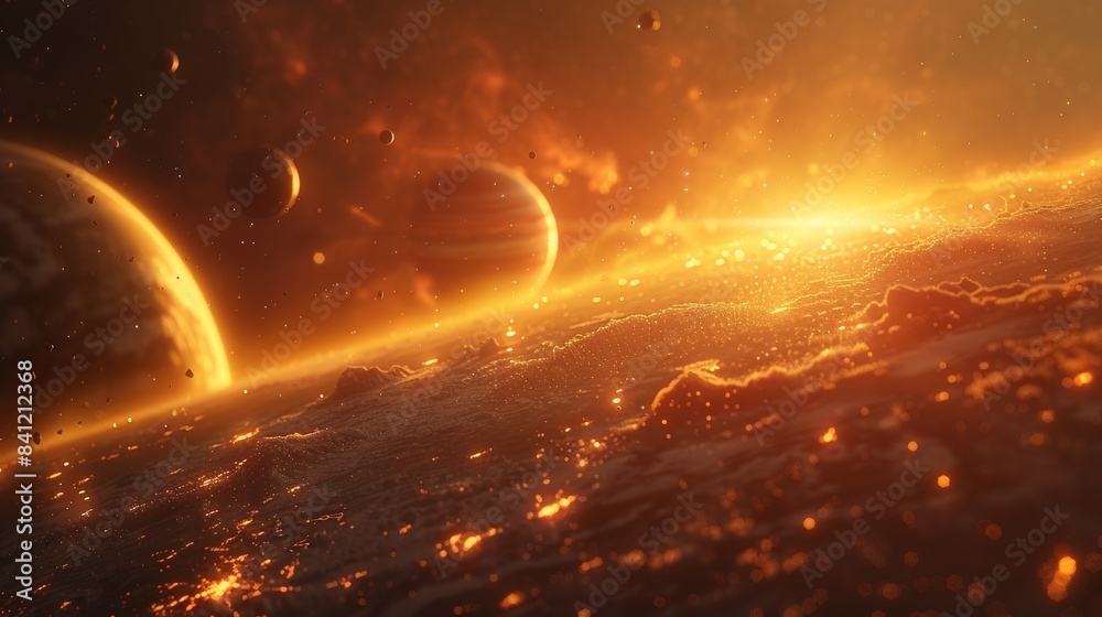 Stunning depiction of a fiery extraterrestrial landscape with molten surfaces under a dramatic sky. Stunning depiction of a fiery extraterrestrial landscape with molten surfaces under a dramatic sky.