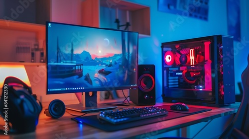 Modern Minimalist Gaming Setup on Wooden Desk with Focal Point on Clean White Walls, Blurred Gaming PC and RGB Lights in Daylight