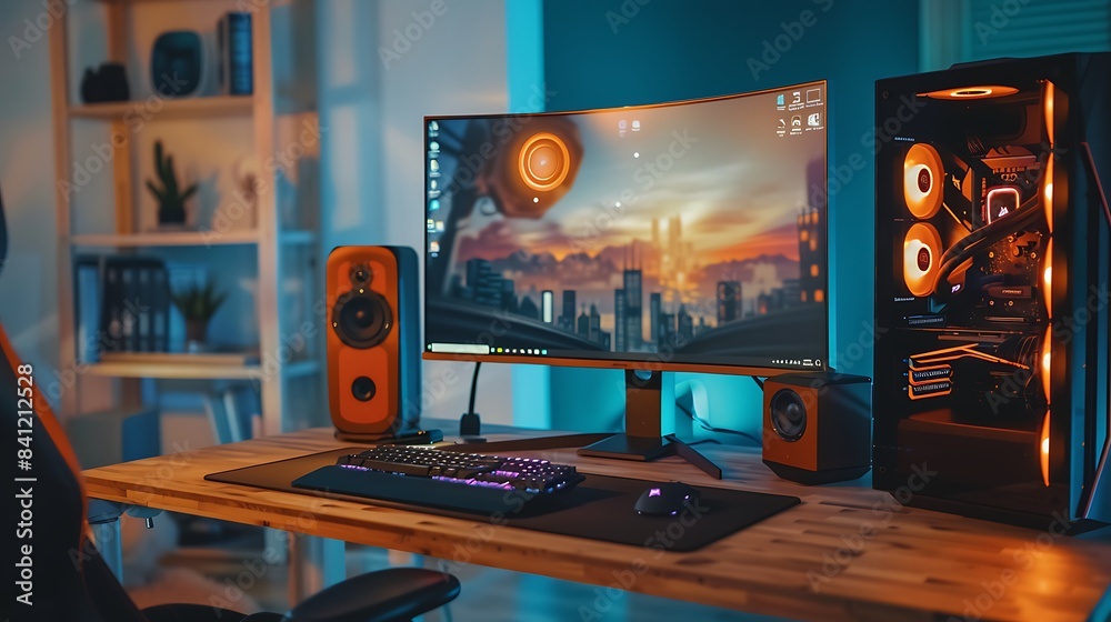 Minimalist Gaming Setup: Clean Wooden Desk with Focal Point on White Walls, Blurred PC and RGB Lights in Daylight Minimalist Gaming Setup: Clean Wooden Desk with Focal Point on White Walls, Blurred PC and RGB Lights in Daylight
