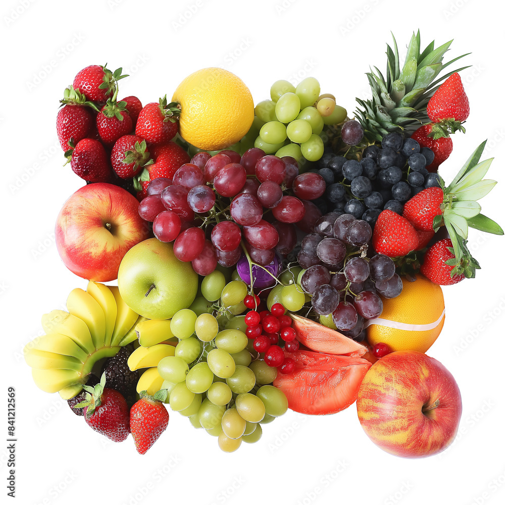 High-resolution variety of fresh fruits including pineapple, grapes, strawberries, and apples arranged in a box with a transparent background High-resolution variety of fresh fruits including pineapple, grapes, strawberries, and apples arranged in a box with a transparent background