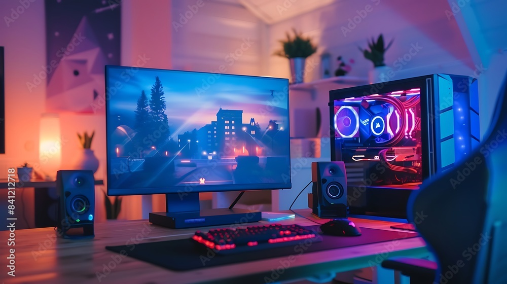 Minimalist Clean Gaming Setup with Wooden Desk, White Walls, and Focal Point on Daylight - Close-Up Shot Minimalist Clean Gaming Setup with Wooden Desk, White Walls, and Focal Point on Daylight - Close-Up Shot