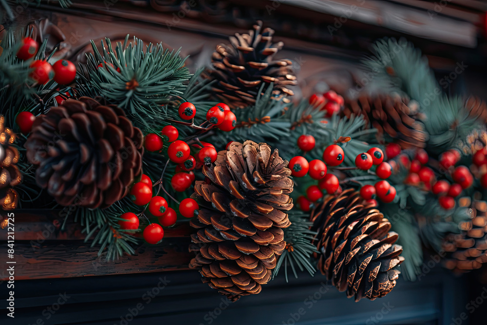 Christmas garland with pine cones and red berries, fireplace background ...