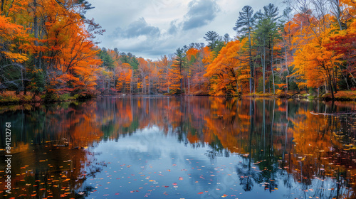 Fishing pond with reflections of autumn foliage, stunning photo, front view, emphasizing natural beauty, advanced tone, Analogous Color Scheme © Oranuch