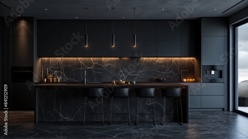 Chic modern minimal style kitchen interior, black cabinet doors, metal kitchen worktop © Katsiaryna