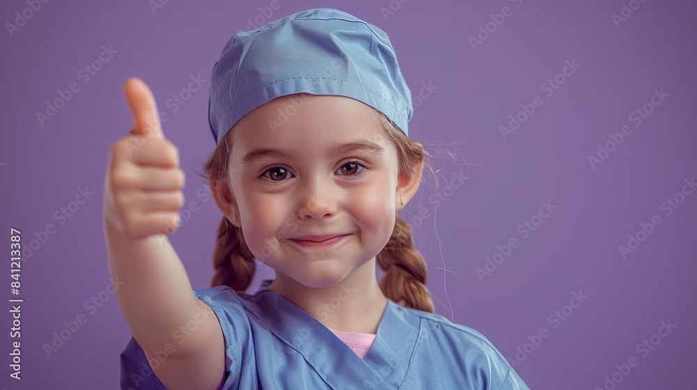 Little girl in nurse uniform shows thumbs up on purple background, closeup portrait stock photo contest winner, professional photography in the style of contest winner Little girl in nurse uniform shows thumbs up on purple background, closeup portrait stock photo contest winner, professional photography in the style of contest winner