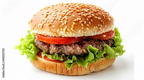 A close up of a hamburger with a sesame seed bun, lettuce, tomato, and a beef patty