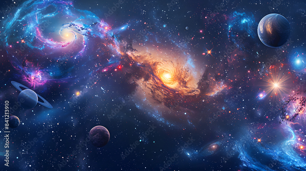 Panorama Space galaxy scene with planets, stars and galaxies. Banner template. Many Nebulae and galaxies in space, many light years away Panorama Space galaxy scene with planets, stars and galaxies. Banner template. Many Nebulae and galaxies in space, many light years away