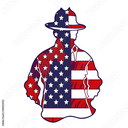 firefighter theme in American flag silhouette line art