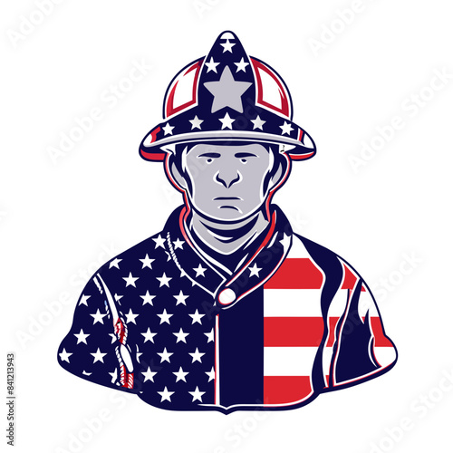 firefighter theme in American flag silhouette line art