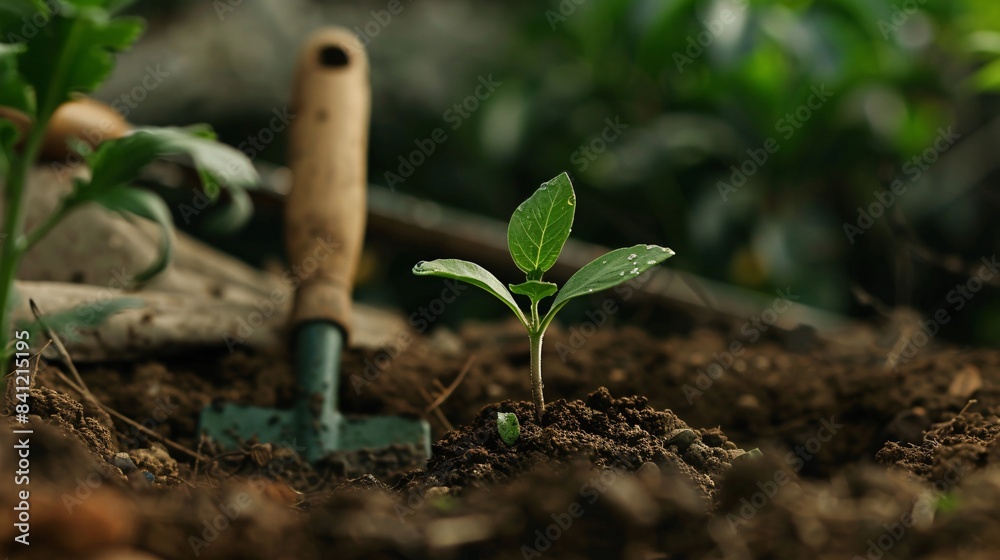 High-definition shot of a small green plant breaking through the soil, set against a background of earthy tones and garden tools, emphasizing growth and the environment High-definition shot of a small green plant breaking through the soil, set against a background of earthy tones and garden tools, emphasizing growth and the environment