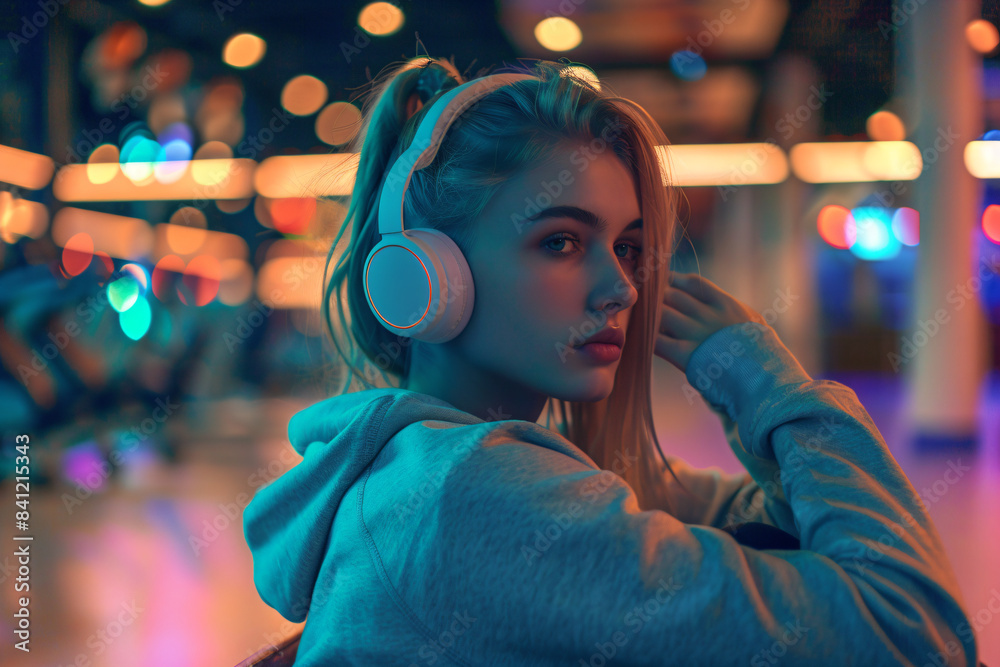 a woman wearing headphones in a room a woman wearing headphones in a room