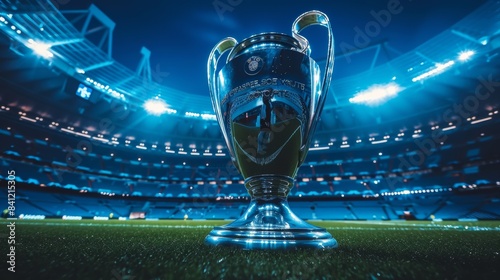 Champions League Trophy Illuminated. The prestigious Champions League trophy illuminated under spotlight on a stadium field, symbolizing victory and excellence in football.