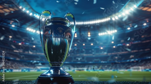 Champions League Trophy Illuminated. The prestigious Champions League trophy illuminated under spotlight on a stadium field, symbolizing victory and excellence in football.