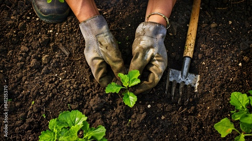 Top-down view of hands planting a seed in freshly turned earth, with gardening gloves and tools nearby, illustrating the concepts of beginnings, growth, and environmental stewardship