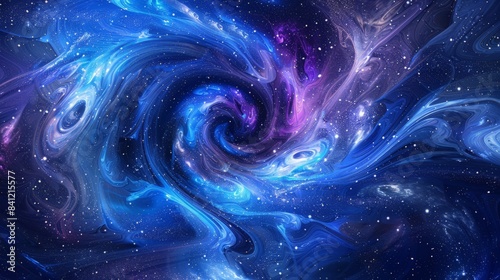 Develop an abstract background inspired by the cosmos, featuring swirling patterns of stars and galaxies in deep blues, purples, and blacks to evoke a sense of mystery and wonder. © peerawat